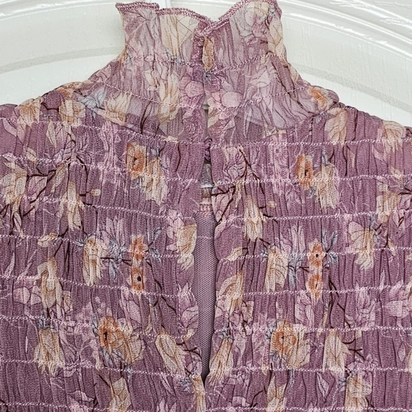 Lulus Sophisticated Blossom Mauve Floral Mesh Smocked Mock Neck Top XS - Picture 6 of 11